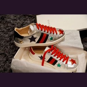 Gucci ace  metallic  silver star sneakers
